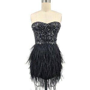 New Bebe Isis Sequin Ostrich Feather Mini Dress Women XS Black Strapless Bustier